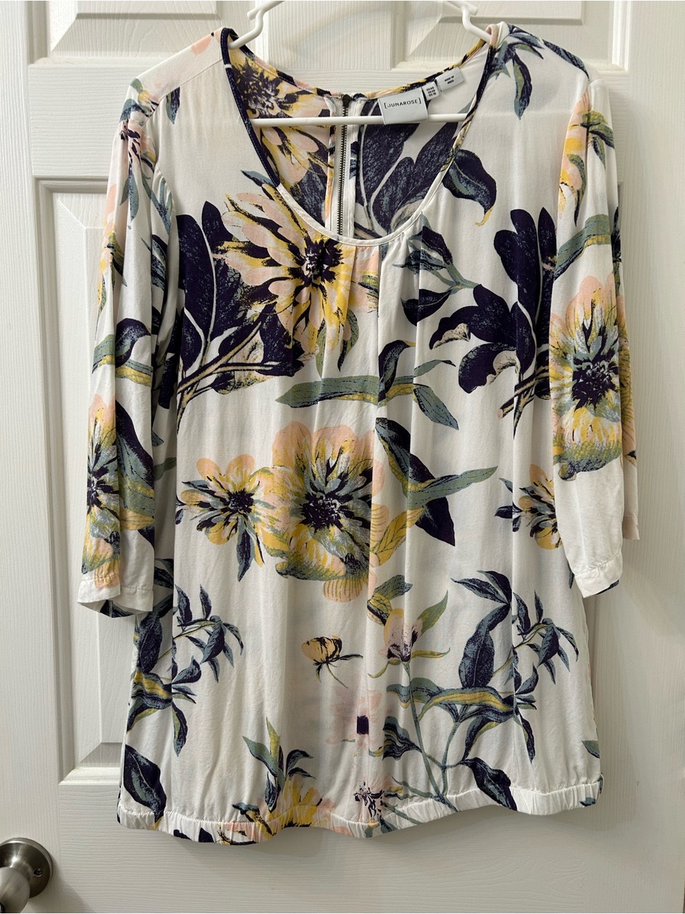 Junarose White Floral Top with Yellow & Navy Botanical Print